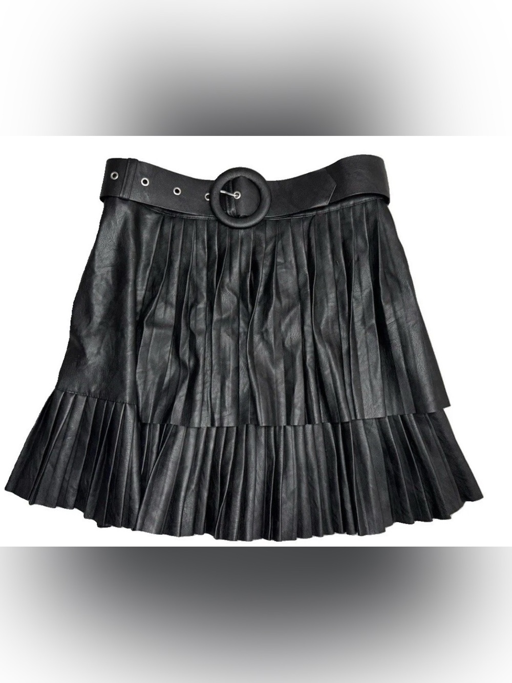 Black Faux Leather High Waisted Mini Skirt Belted Tiered Moto Gothic Edgy Medium